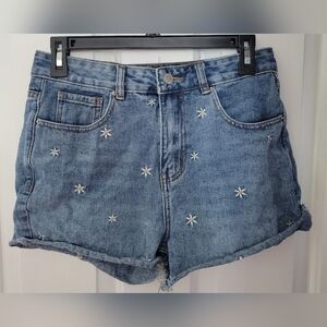 Khaki + Blue Women's Daisy Floral Embroidered Denim Jean Shorts Size 28